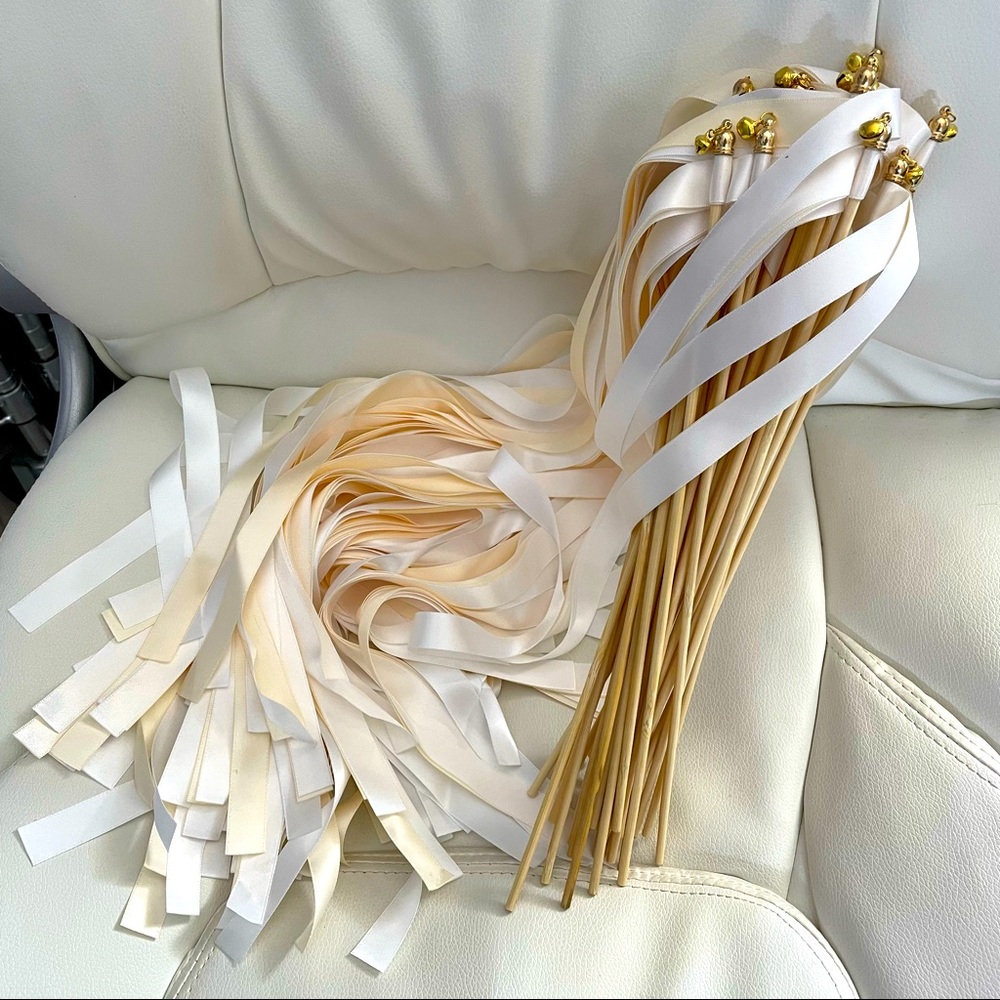 Wedding wands ivory and white ribbon with gold bells